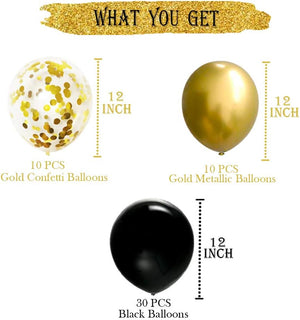 50 Pcs 12 Inches Black and Gold Balloons, Gold Metallic Latex Balloons for Birthday Party Decoration