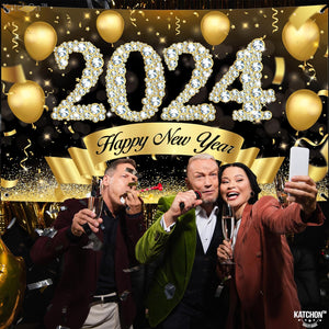 XtraLarge Happy New Years Banner 2024 - New Years Backdrop, 72x44 Inch