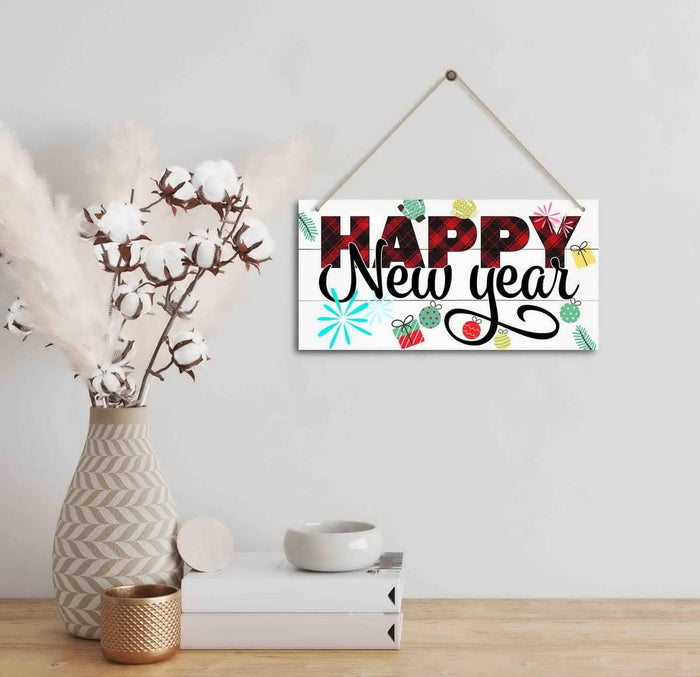 Happy New Year, Winter Seasonal Christmas Wall Art Hanging Wooden Sign