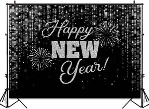 Happy New Year Backdrop Cheers to The New Year Black Silver Glitter Background