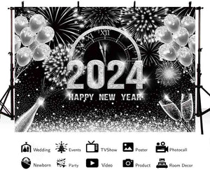 7x5ft Black and Silver 2024 Happy New Year Backdrop