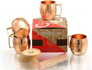 Pure Copper Hammered Mugs with Copper Straws & Wooden Coasters Set of 4