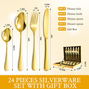 24 Pcs Silverware Set with Gift Box Service for 6, Stainless Steel Flatware Tableware Cutlery Set