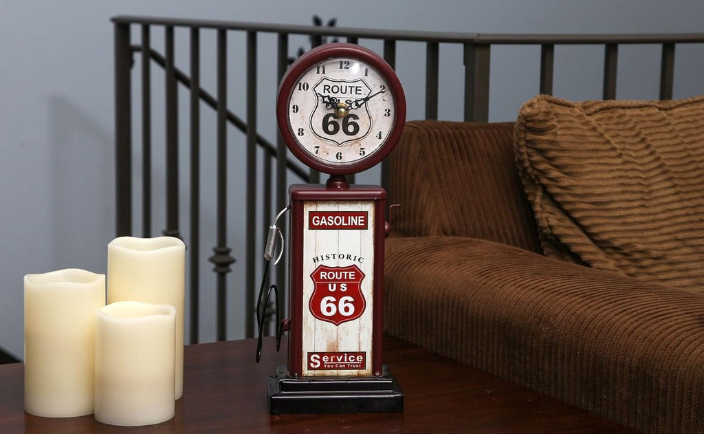 Home Old Fashioned Route 66 Gas Pump Mantle Clock, Silent-Non-Ticking with Quartz Movement