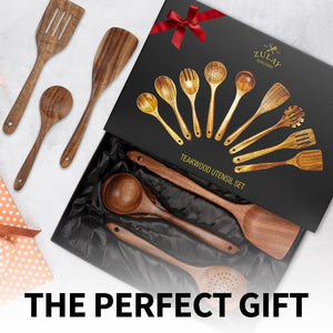 9-Piece Teak Wooden Utensils for Cooking - Natural Teak Utensil Set with Premium Gift Box