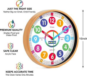 10 Inch Round Multi-Colored Learning Clock, Children's Silent Analog Non-Ticking Educational Wall Clock
