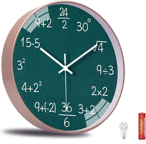 12 Inch Math Wall Clock Silent Non Ticking Movement Quality Quartz Gift Decor, Green