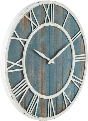 18" Coastal Wall Clock - Metal & Solid Wood Noiseless Weathered Beach Blue Wall Clock