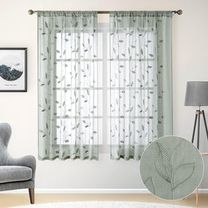 Sage Green Sheer Curtains 52 X 63 Inches Length 2 Panels Embroidered Leaf Pattern Pocket Faux Linen