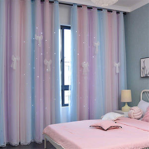 Hollow-Out Star Window Nursery Curtain 72 inches Length Room Darkening Grommet 2 Layers (Pink Purple, W52 X L72)