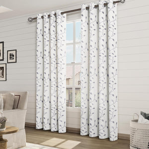 Grey Leaf Pattern Grommet Curtains 84 inch Length for Bedroom Grayish White Cotton Linen, 2 Panels