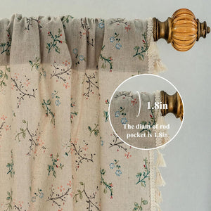 Floral Farmhouse Bohemian Window Curtain Panels with Tassel Beige Rod Pocket Bedroom Drapes, 2 Panel, 84 Inch Length