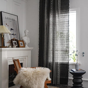 Geometric Semi-Blackout Window Curtains 2 Panels Bohemian Style Cotton Linen Darkening Curtains with Tassels, (52" W x 84" L, Black)