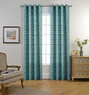 Floral Embroidered Semi-Sheer Curtains Faux Linen Grommet Curtains for Living Room 52 x 84 Inch 2 Panels Set, Teal