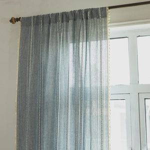 Semi-Blackout French Country Linen Embroidery Vintage Chic Tassels Hollow Window Treatment Bohemian Drape, 1 Panel 52" W x 84" L, Blue