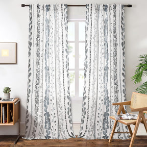 Bohemian Linen Style Back Tab Window Leaf Print Classical Drapes Curtains,84 Inch Length, 2 Panels