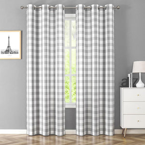 Buffalo Plaid Grommet Curtains Semi-Sheer Check Textured Curtains (40" x 84", Gray & White）