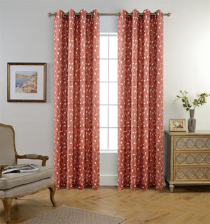 Floral Embroidery Semi Sheer Curtains Faux Linen Grommet Curtains, 52 x 84 Inch 2 Panels, Rust