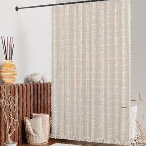 Boho Farmhouse Shower Curtain Set, Modern Cotton Linen Fabric Cloth, Tan Brown, 72 x 72