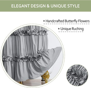Ruffle Shower Curtain, Vintage Handcrafted Bow Tie Bath Curtain with 12 Buttonholes, 72" W x 72" H, Gray
