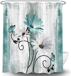 Farm Teal Daisy Floral Flowers and Butterfly on Country Wooden Shower Curtain, Turquoise Blue with 12PCS Hooks, 70X70IN