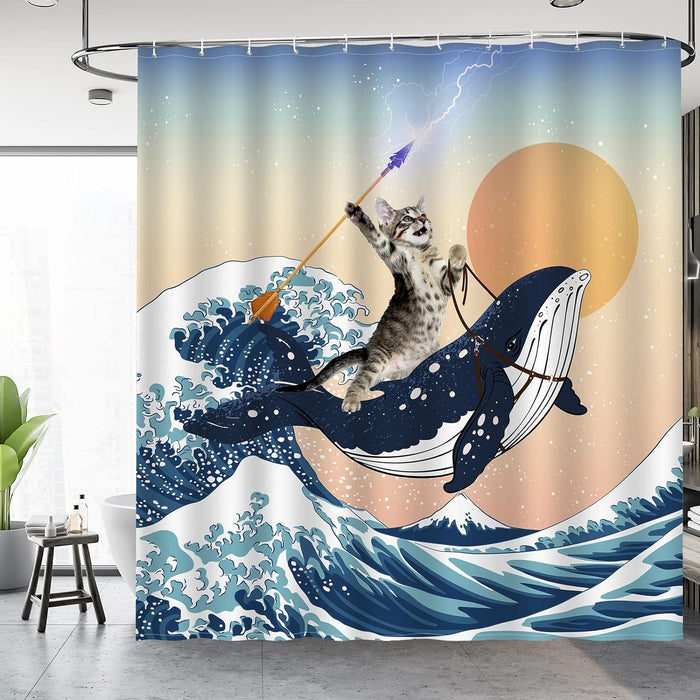 Funny Shower Curtain Brave Cat Holding Trident Arrow Riding Shark in Ocean Wave Bathroom Decor, 72"x72"