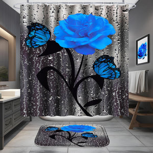 4 Pcs Bathroom Set, Blue Rose Shower Curtain Sets with Rugs