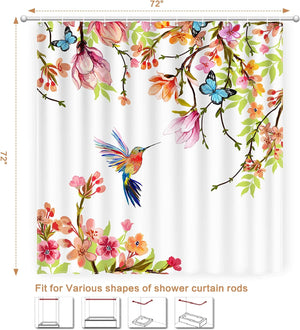 Hummingbird Shower Curtain for Bathroom with Hooks, Decorative Spring Summer Bath Curtain, 72 x 72 inches