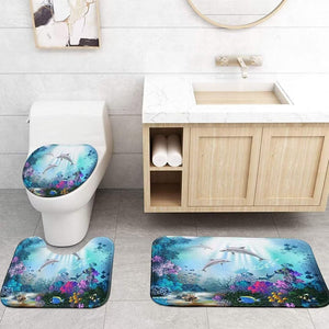 4Pcs Sea Dolphin Shower Curtain Sets with Non-Slip Rugs,Toilet Lid Cover and Bath Mat