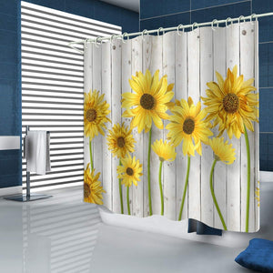 Waterproof Shower Curtains Sets for Bathroom Accessories with Oil Painting Sunflower White Wooden Decor, 71 x 72 inches