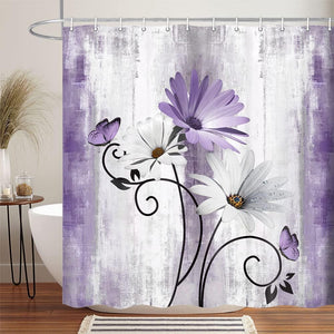 Rustic Farmhouse Shower Curtain, Farm Purple Daisy Floral Flowers and Butterfly Curtains with 12PCS Hooks, 70X70IN