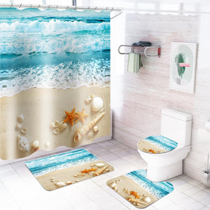 Shower Curtains with Bath Rugs Non-Slip Soft Toilet Lid Cover for Bathroom, Four-Piece Beach Theme, Multi 26