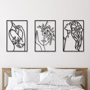 3 Pieces Metal Minimalist Woman Wall Hanging for Kitchen, Bathroom, Living Room (Black,Flower)