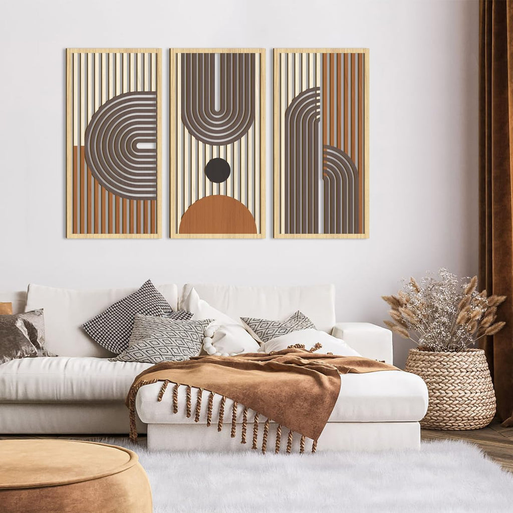 Set Of 3 Hollow Wooden Wall Decor Abstract Geometric Boho Wall Art, 32 x16 inches