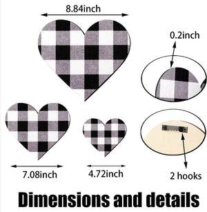 3 Pcs Heart Shaped Wood Sign Buffalo Plaid Decor for Kitchen Bedroom Bathroom, 3 Sizes (Black and White Plaid)