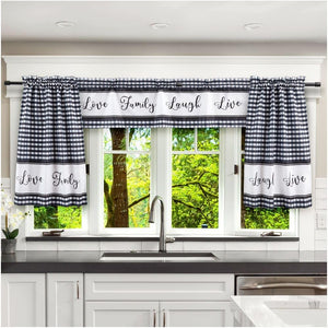 3 Piece Kitchen Curtains and Valances Set for Windows, Love Family, Laugh, Live (Black and White)