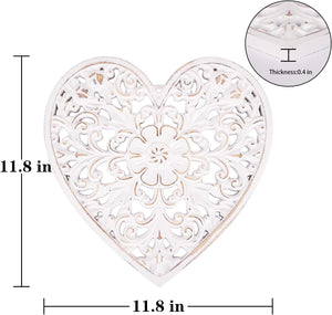 12" Heart-shaped Decorative Carved Floral-Patterned Distressed White Decor