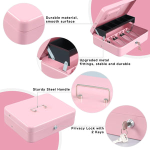 Cash Box with Money Tray and Key Lock,Tiered, Cantilever Design, Pink