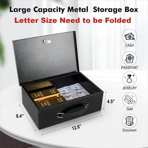 Fireproof Document Box with Key Lock,Safe Storage Box for Valuables, 12.8'' x 8.4'' x 4.5'' Black