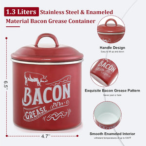 1.3L Bacon Grease Saver Container with Fine Strainer, Red Enamel & Stainless Steel Oil Keeper