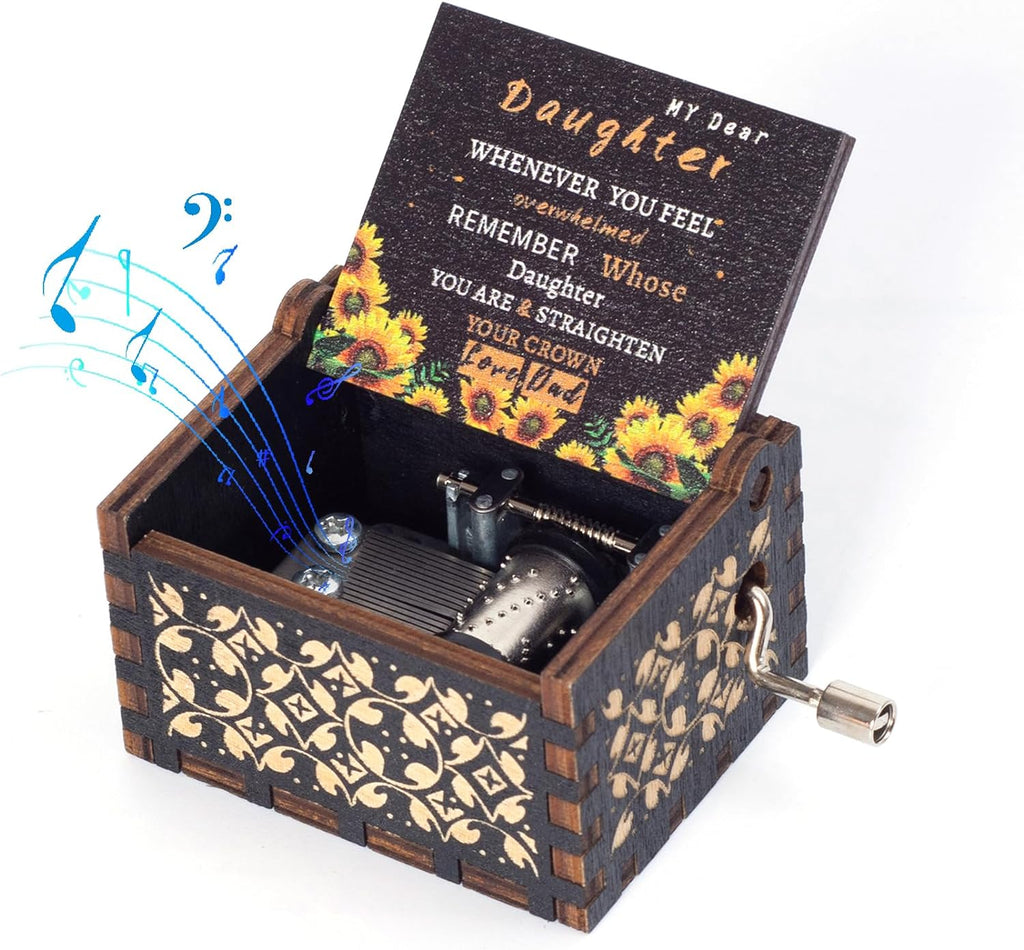 Sunflower Dad to Daughter Wooden Music Box Gifts, You are My Sunshine Antique Engraved Unique Hand Crank Music Boxes