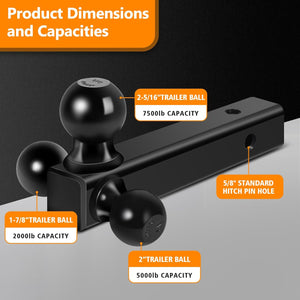 Trailer Hitch Hollow Shaft Triple Ball Mount - Black