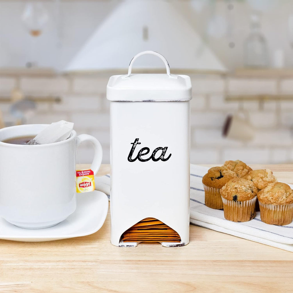 Enamelware Tea Bag Caddy Dispenser for Wrapped Individual Tea Sachets, White