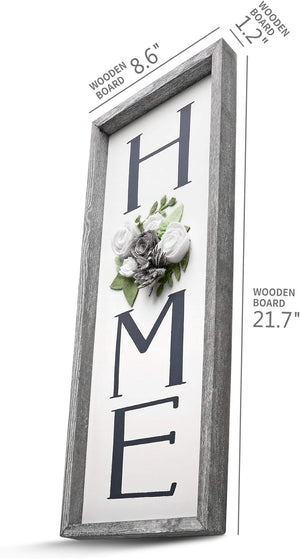 Vertical HOME Sign with Felt Flower, Gallery Wall Art,Home Plaque Wall Hanging Sign 21.7x8.6, Rustic Grey