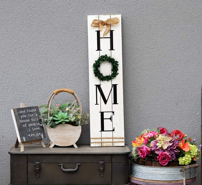 Wooden Home Plaque with Green Wreath|Large Farmhouse Home Signs Plaque