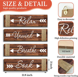 4 Pcs Wooden Bathroom Wall Decor Sign, Relax Soak Unwind Breathe Wood Sign