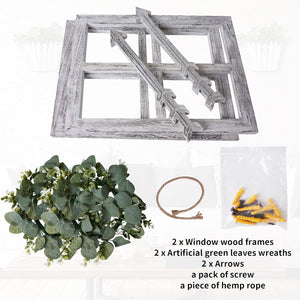 Rustic Wood Window Frame with Green Wreath and Arrows Wall Decor, Set of 2 (White)