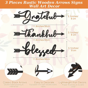 3 Pcs Thankful Grateful Blessed Cutout Sculptures Arrow Signs Rustic Wall Art (Black)