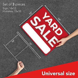 3 PC Yard Sale Signs - 12x16 Coroplast Double Sided Yard Sale Signs with Stakes, Red