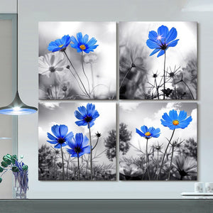 Simple Life Black and White Landscape Cyan Blue Flowers Wall Decor, 12" x 12" 4 Pieces Framed Canvas Prints